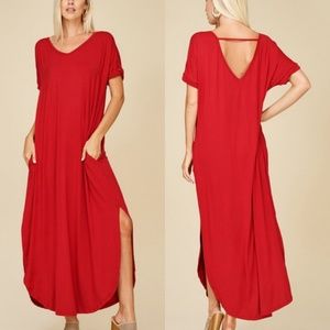 Oversized Long Maxi Dress with POCKET Dark Red